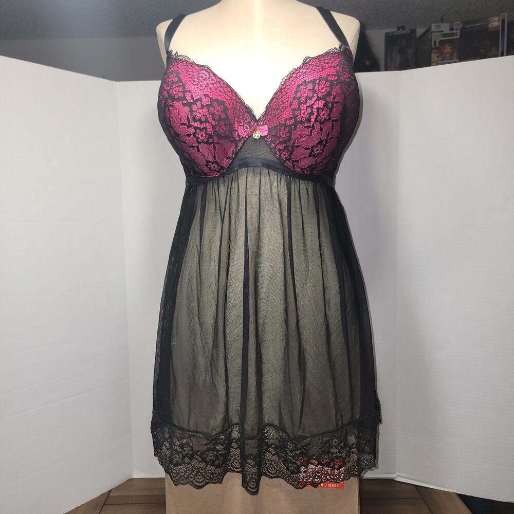 Daisy Fuentes Pink & Black Lace Sheer Babydoll Lingerie - Size 2X